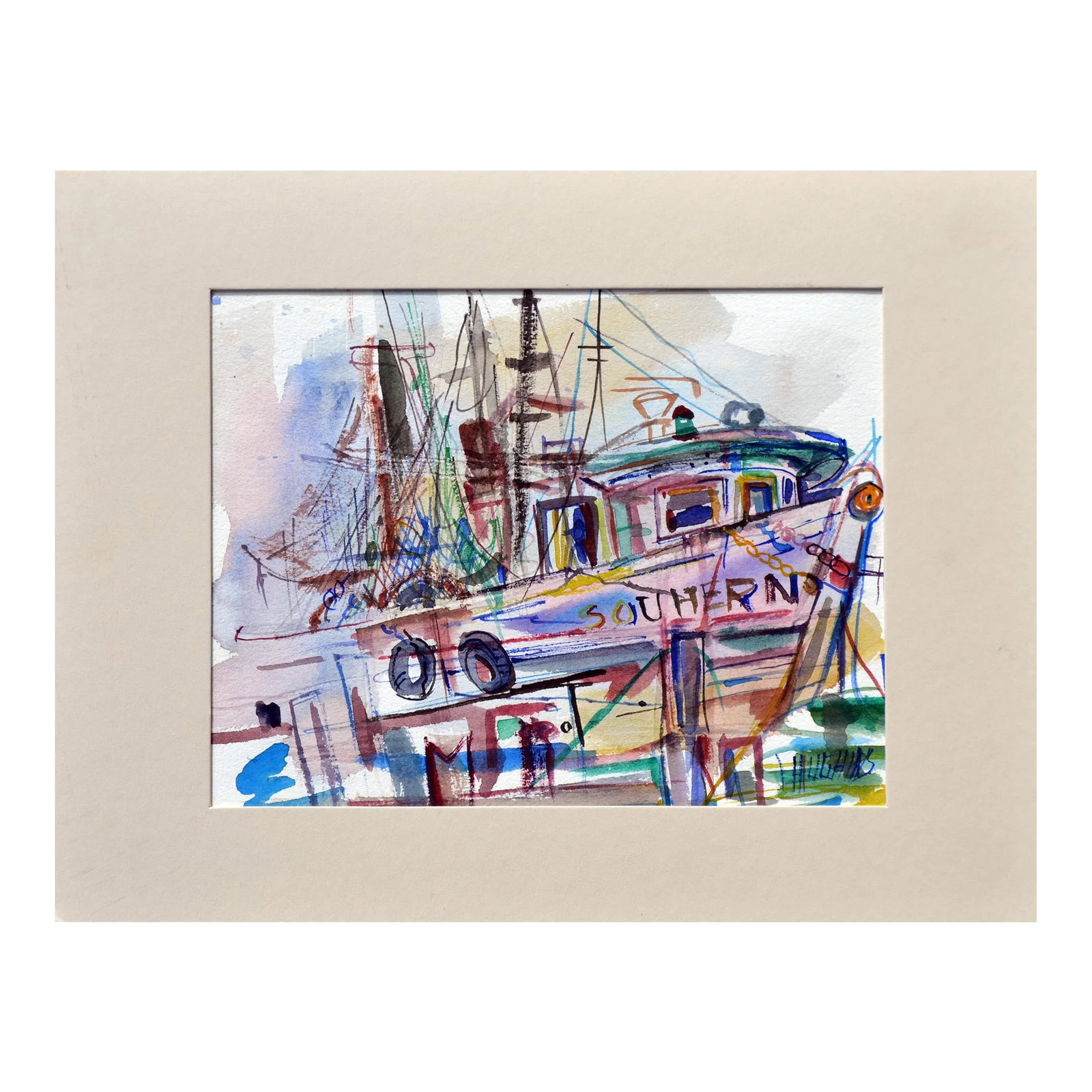 The Fishing Boat by Virginia J Hughins: Abstract fishing boat by California artist Virginia Hughins (Virginia Brubaker DeWolf), (American, 1923-2004). Signed "Hughins" lower right. Unframed. 9.5"H x 11.5"L. Hughins was an accomplished