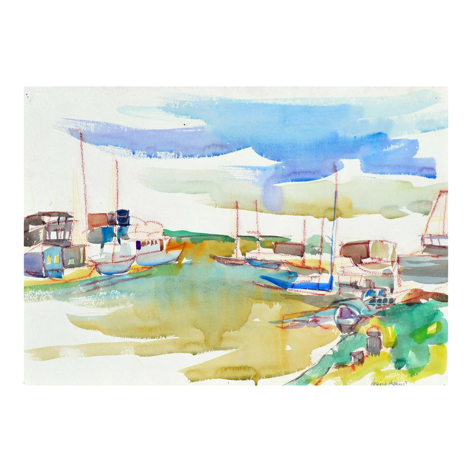 Sail Boats in the Harbor Landscape by Virginia J Hughins: Colorful watercolor of boats in the Harbor by California artist Virginia Hughins (Virginia Brubaker DeWolf), (American, 1923-2004). Signed "Virginia Hughins" lower right. Unframed. Image size, 15"H x