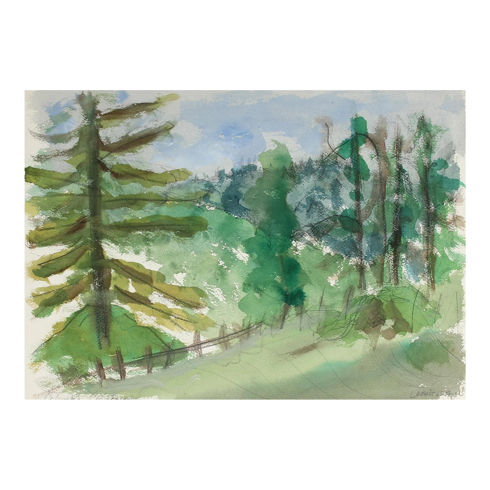 1972 Plein Air Watercolor, Columbia, Ca: This 1972 watercolor landscape is by Bay Area painter and sculptor Laura Lengyel (b. 1946). She studied at Oakland's Mills College and later moved to Mendocino. From 1968-1973, Lengyel operated Galler