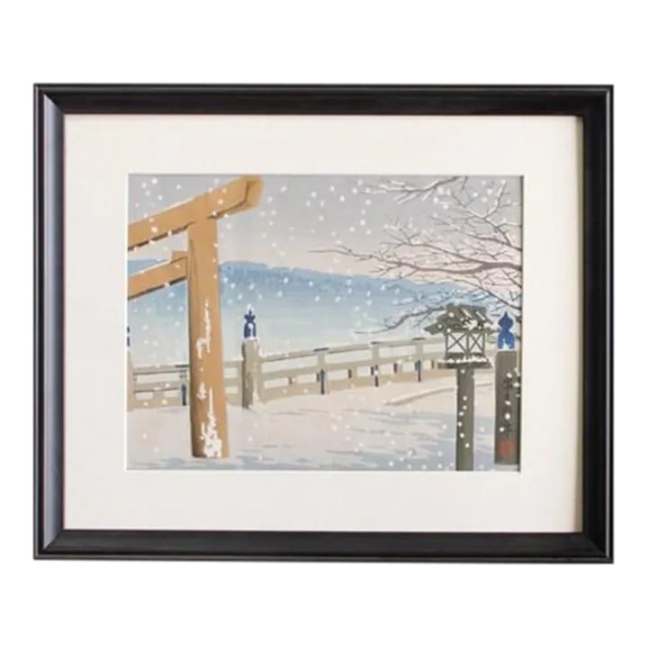 Vintage Framed Signed Original Tomikichiro Tokuriki Woodblock Print: A serene snowy winter's day with bare trees, a pergola, and a hazy view of the mountains in the background this original framed (with glass on top) woodblock print, by Japanese artist Tomikichiro