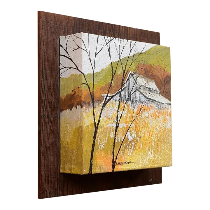Unique Vintage 1970s Signed 3d Box Landscape Painting: A thoroughly unique and charming vintage landscape painting of a countryside farm house from the 1970s with the artwork presented on a box and bleeds over to all the sides Signed and possibly dates