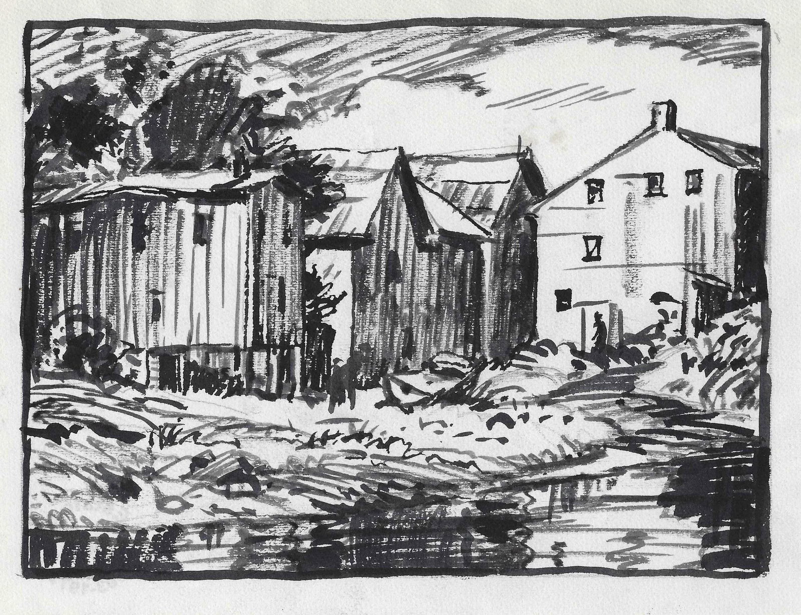 1950s Norman Kent Farm Drawing: Born in Pittsburgh, American artist Norman Kent (1903 - 1972) attended the Rochester Institute and trained at the Art Students League in New York under Leftwich Dodge. He learned the art of the woodcu