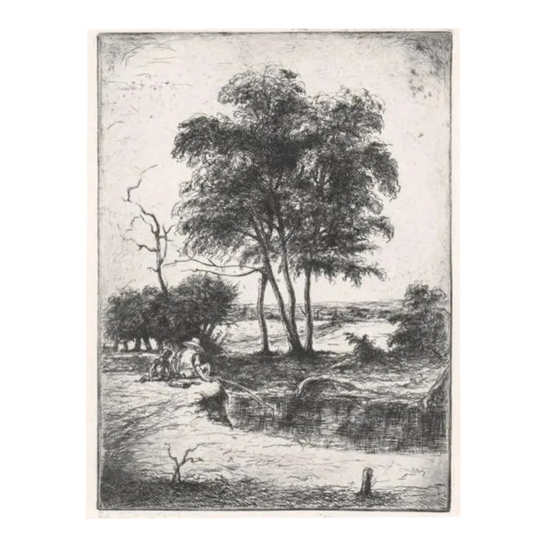 1930s Julius Komjati Landscape With Figures Etching: Julius Komjati (1894 - 1958) 1930s etching of a man and girl fishing in a landscape. Pencil signed lower right. Condition: Alterations: Original Condition Unaltered Imperfections: Some Imperfections