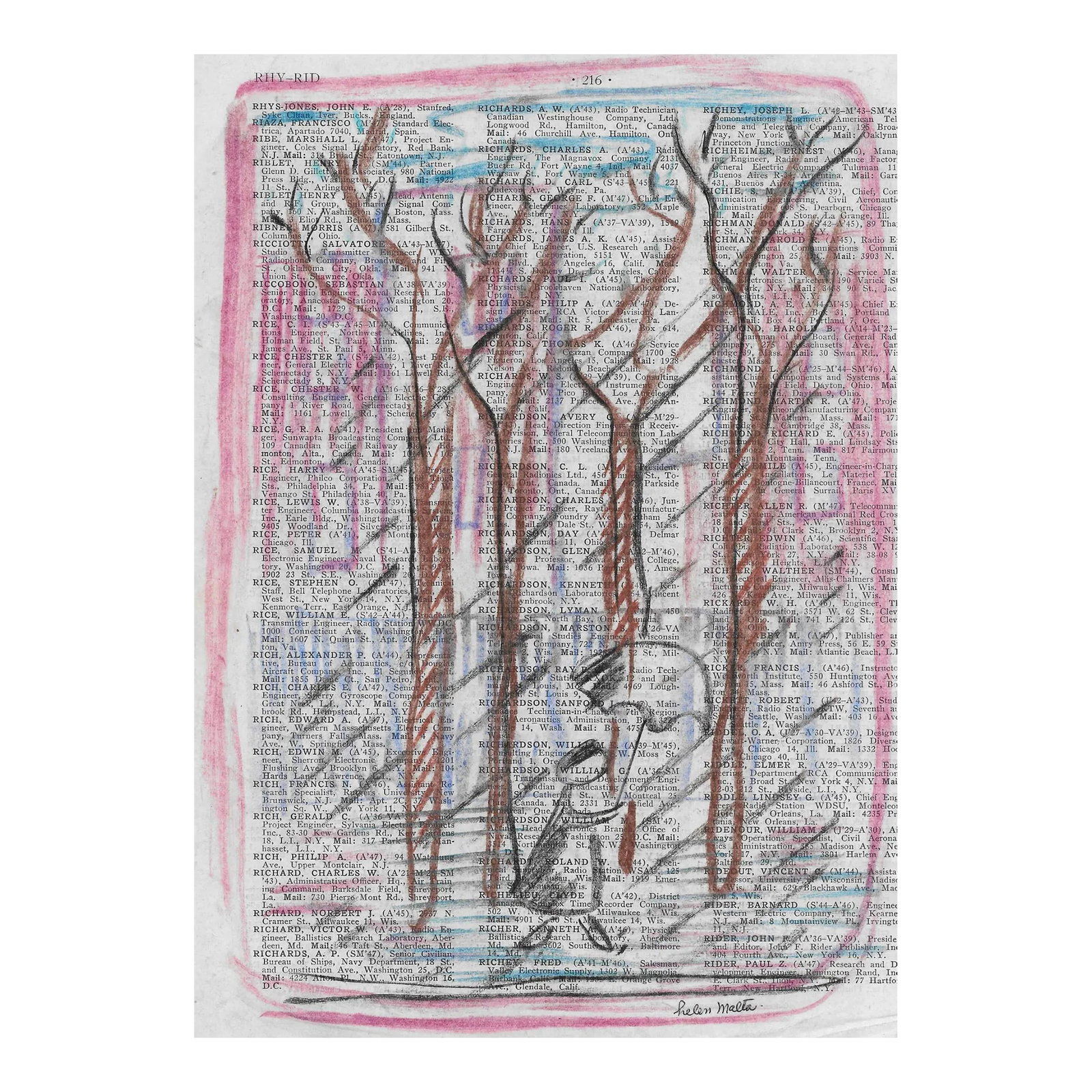 1950s Helen Malta Stormy Forest Landscape: MCM figure with umbrella in a storm on a page from a directory by Helen Wagner Malta (1912-1975) worked in New York City in the 1930s, teaching at the Harlem Art Center and working on the New York