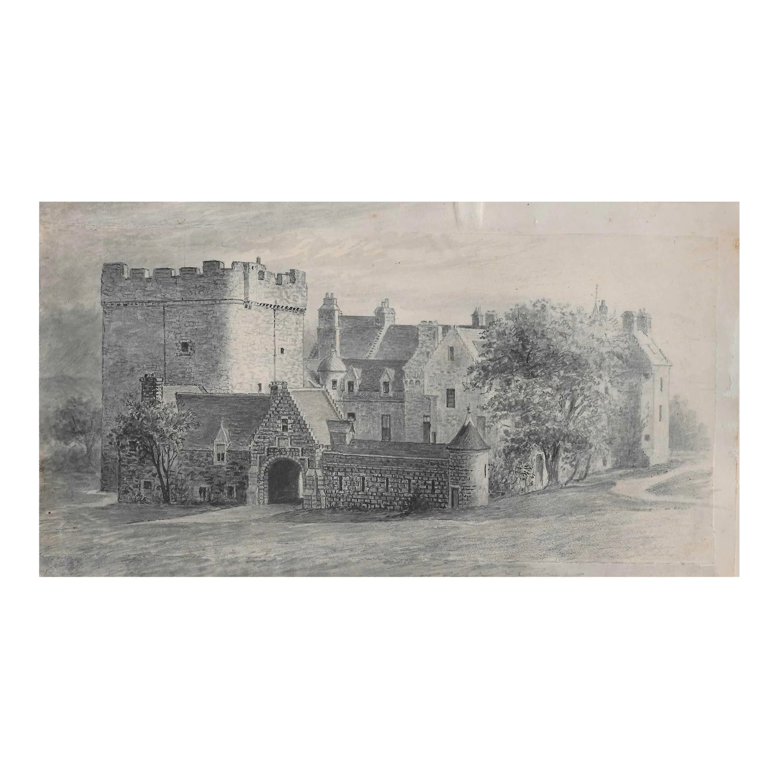 Antique European Castle Drawing: Antique drawing of a castle from a group of works stretching from Switzerland to Italy to the Adriatic Coast. Inscribed "____ Castle" lower right. Condition: Alterations: Original Condition Unaltered