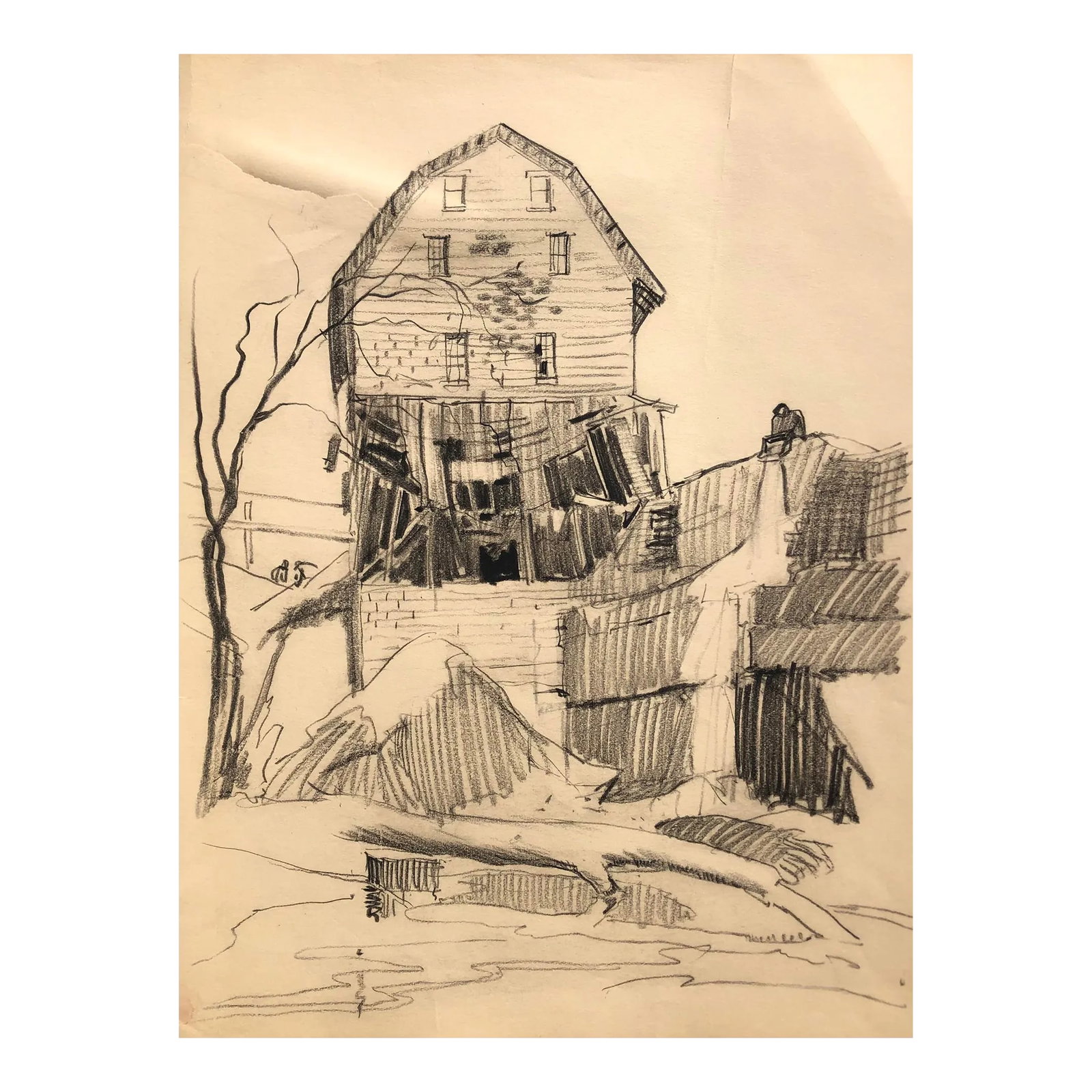 1930s Norman Kent Mill Drawing: Born in Pittsburgh, American artist Norman Kent (1903 - 1972) attended the Rochester Institute and trained at the Art Students League in New York under Leftwich Dodge. He learned the art of the