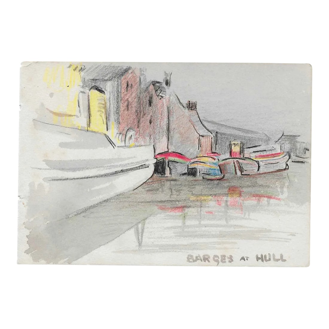 1950s Ivy Attwell Boats at Hull England: Painting on paper by English artist Ivy Attwell (1895-1985). Attwell traveled extensively all over the world and recorded her travels from the 1950s until about 1980. Barges at Hull, Yorkshire,