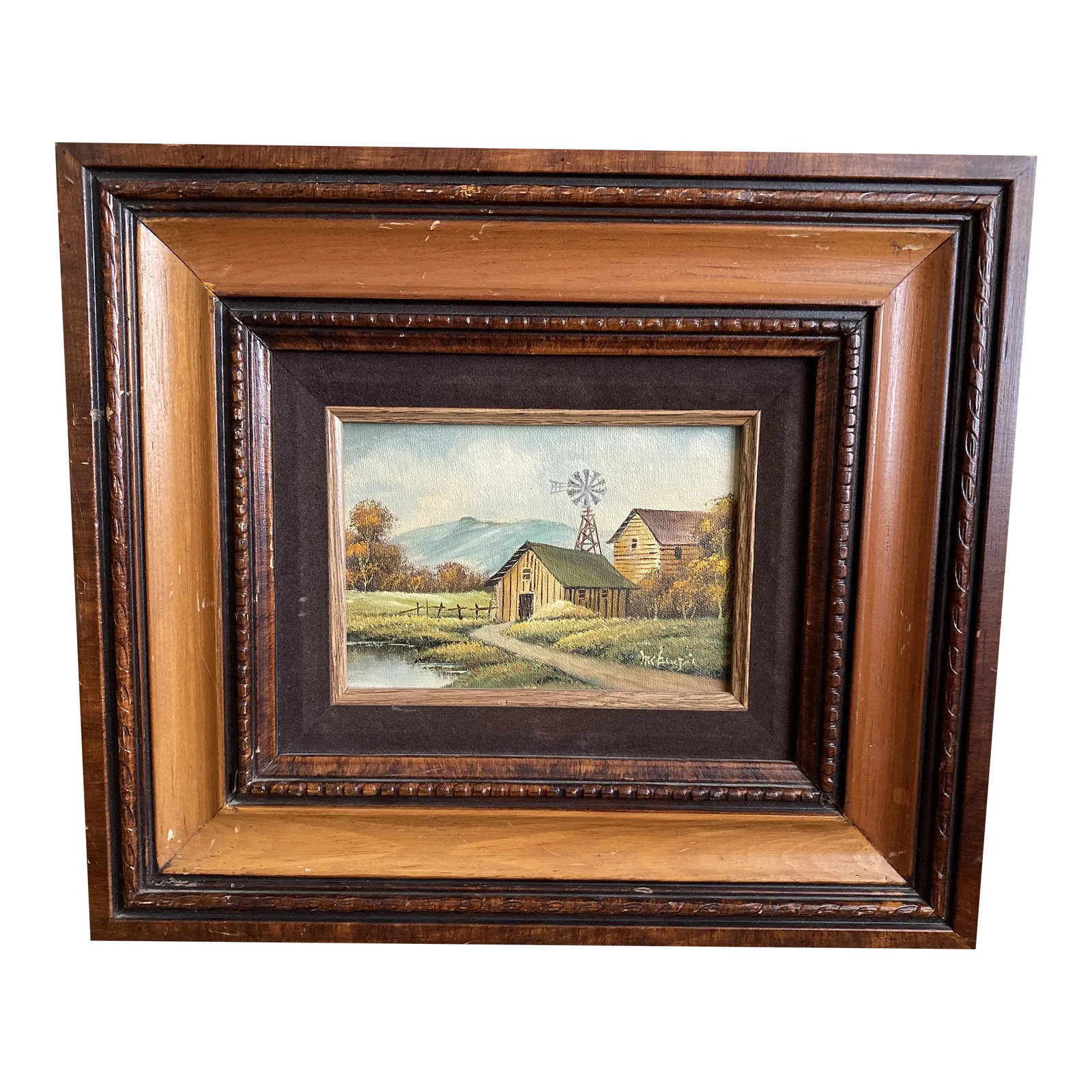 Mid 20th Century Rural Landscape with Barn Signed Painting, Framed: Charming small rural landscape painting in nice original wood frame. Oil on board measures 5" x 7", and with the layered frame, 13" x 15". Signed lower right. Expertly rendered, with nice detail.