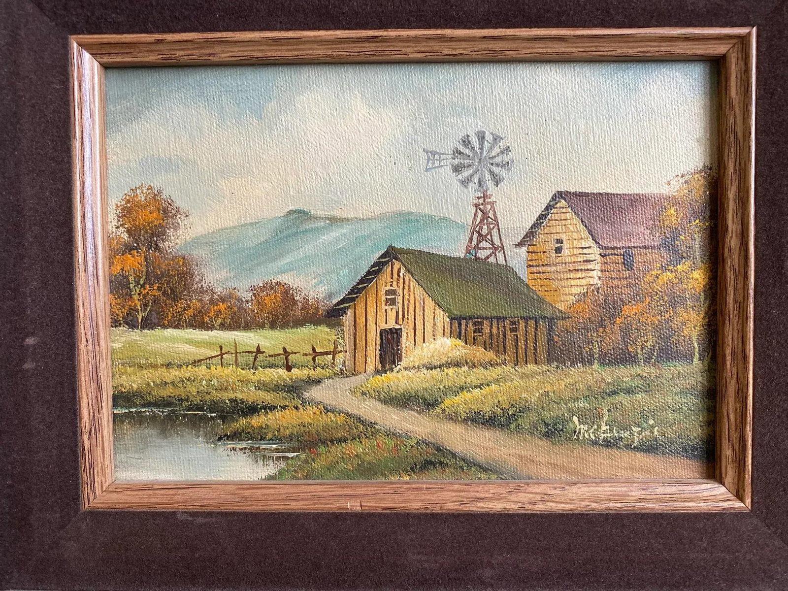 Mid 20th Century Rural Landscape with Barn Signed Painting, Framed - 2