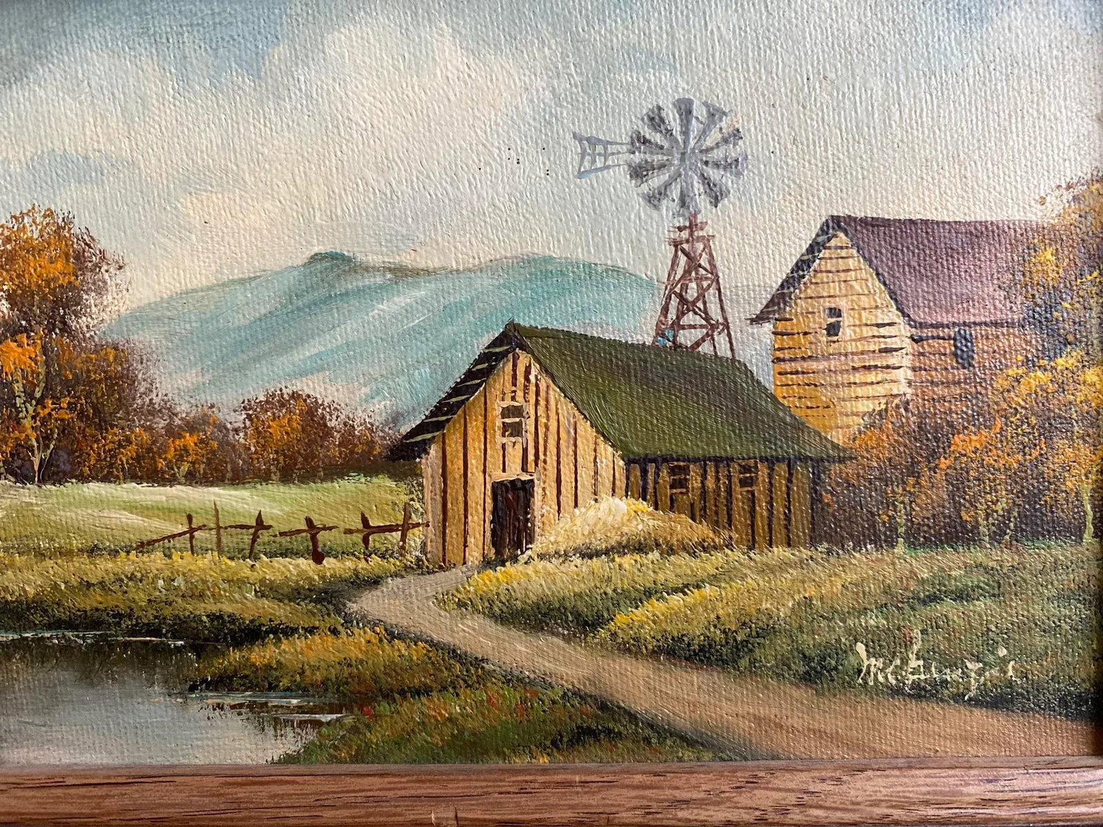Mid 20th Century Rural Landscape with Barn Signed Painting, Framed - 3