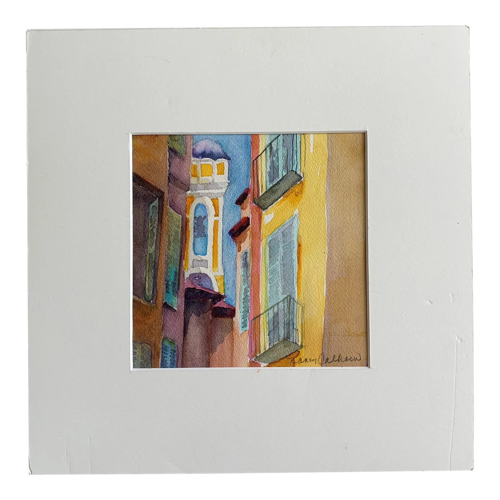 Late 20th Century Signed Watercolor Painting of an Alley Scene: Signed original watercolor of an alley scene in vibrant yellow, blue, purple washes. Condition: Alterations: Original Condition Unaltered Imperfections: Some Imperfections Condition Notes: good
