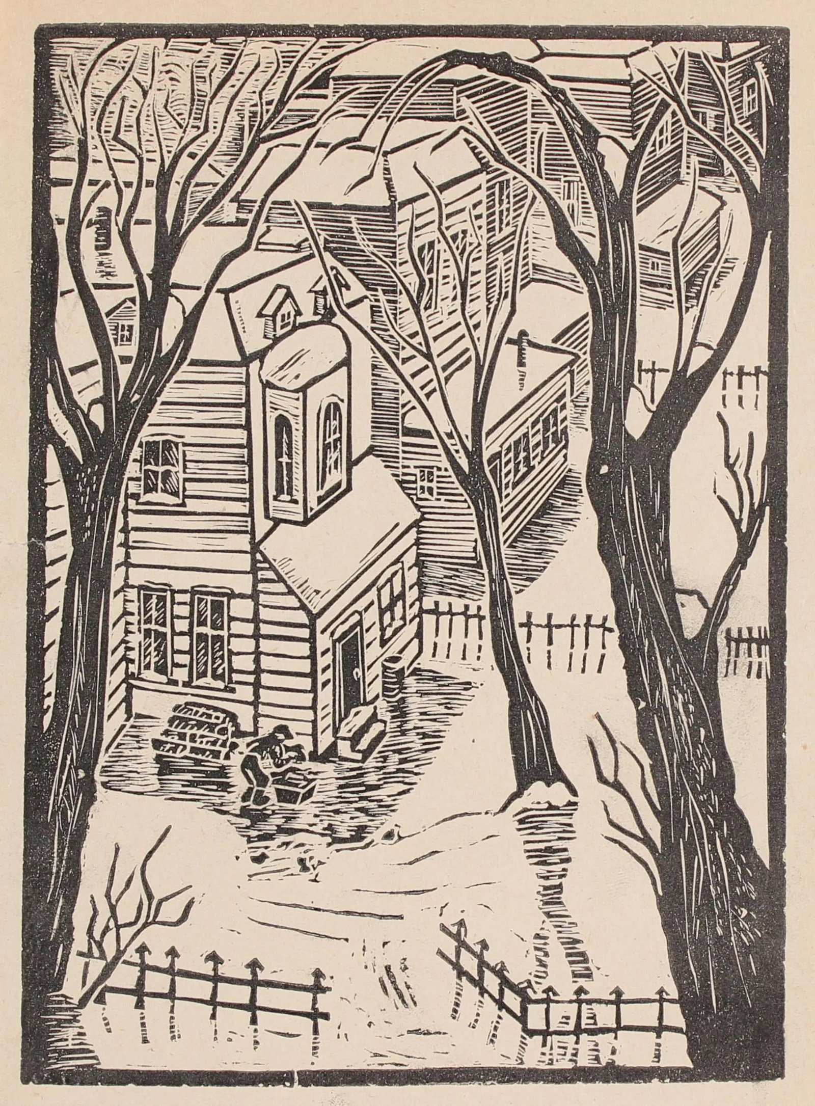 1940s Vintage Neighborhood Linoleum Block Print by Mary Watterick Evans: A snowy neighborhood landscape linoleum block print on paper by San Leandro, CA artist Mary Watterick Evans, circa 1940s. Evans was a Graphics Arts instructor at Chabot College in Hayward, CA. The pie