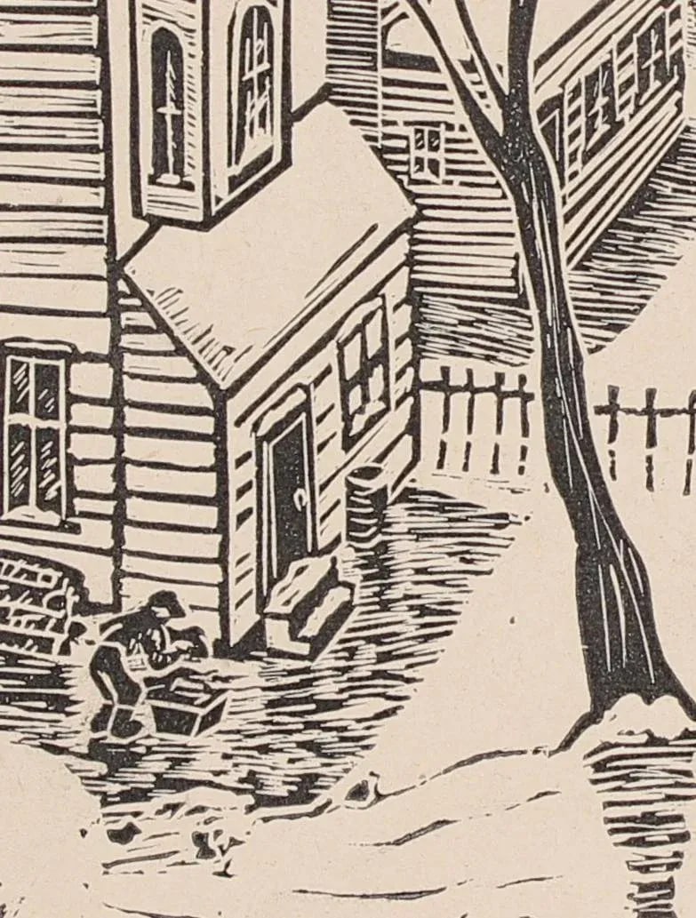 1940s Vintage Neighborhood Linoleum Block Print by Mary Watterick Evans - 2