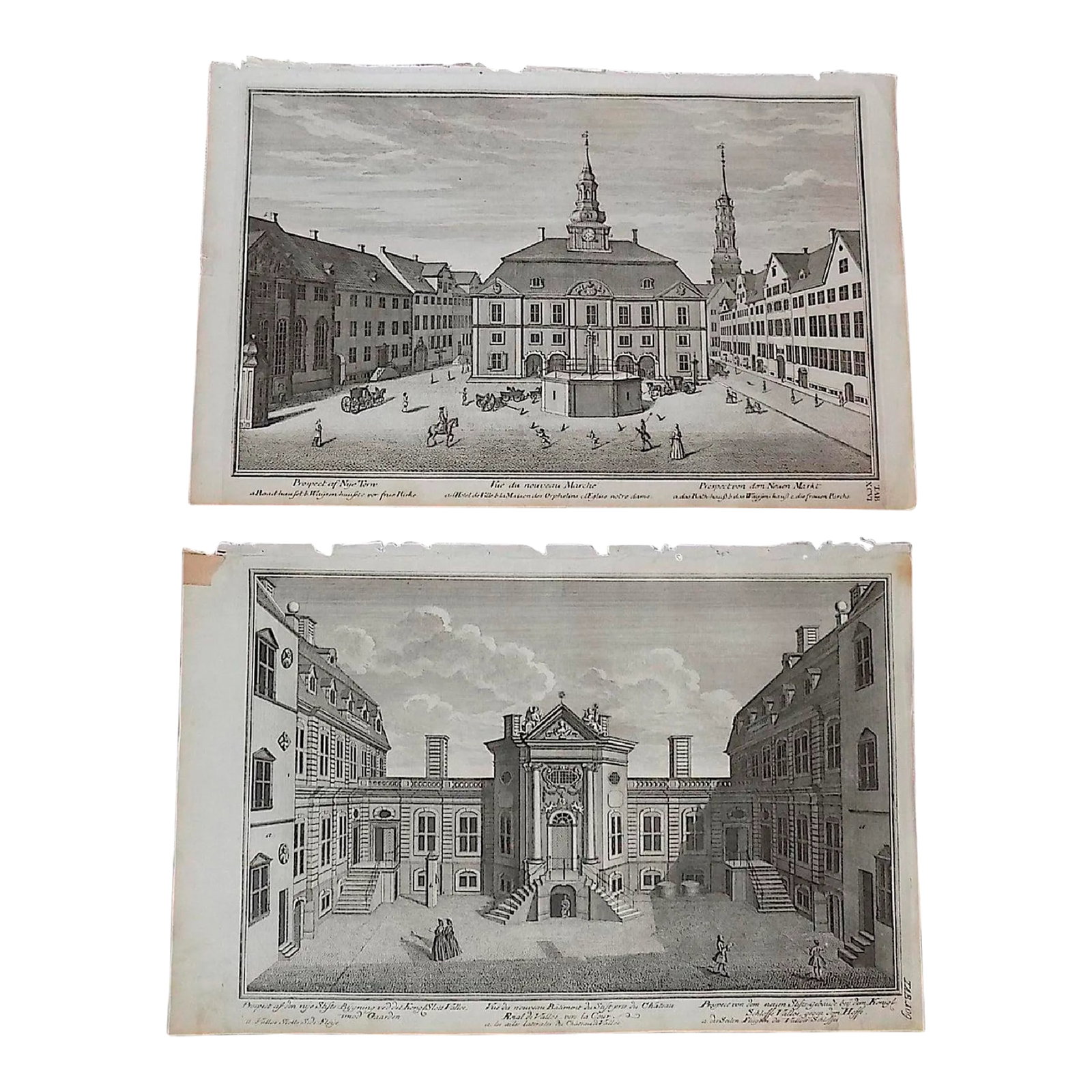 Authentic Antique 18th C. Imperial Folio Architectural Facade & Landscape Copperplate Engravings - A: This pair of antique 18th century imperial folio size copperplate engravings depict architectural facades/landscapes in Denmark. They were printed in Paris in 1746 on one side on handmade "laid"