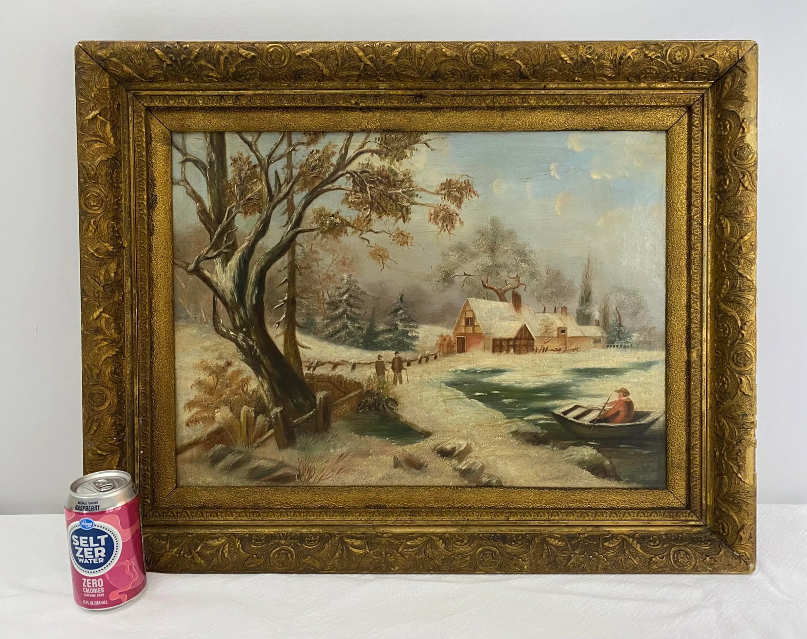 Antique 19th Cen. Winter Scene Landscape Oil Painting - 11