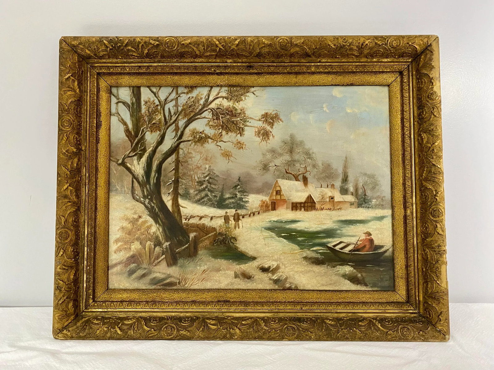 Antique 19th Cen. Winter Scene Landscape Oil Painting - 12
