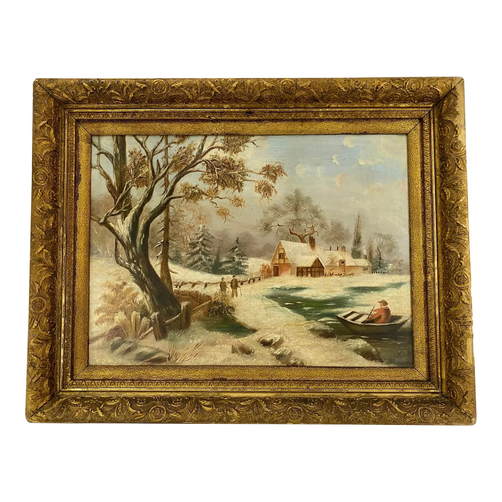 Antique 19th Cen. Winter Scene Landscape Oil Painting: Antique oil on canvas landscape painting. Subject is a winter scene with Tudor cottage and man in boat. Comes in period wood and gesso frame with lovely floral motif. Canvas size: 22" x 16"
