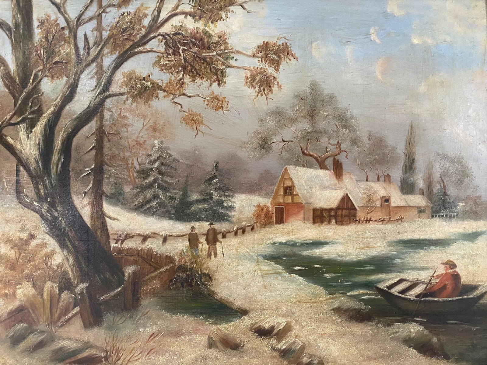 Antique 19th Cen. Winter Scene Landscape Oil Painting - 2