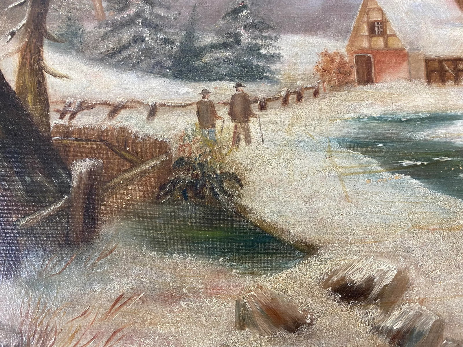 Antique 19th Cen. Winter Scene Landscape Oil Painting - 6