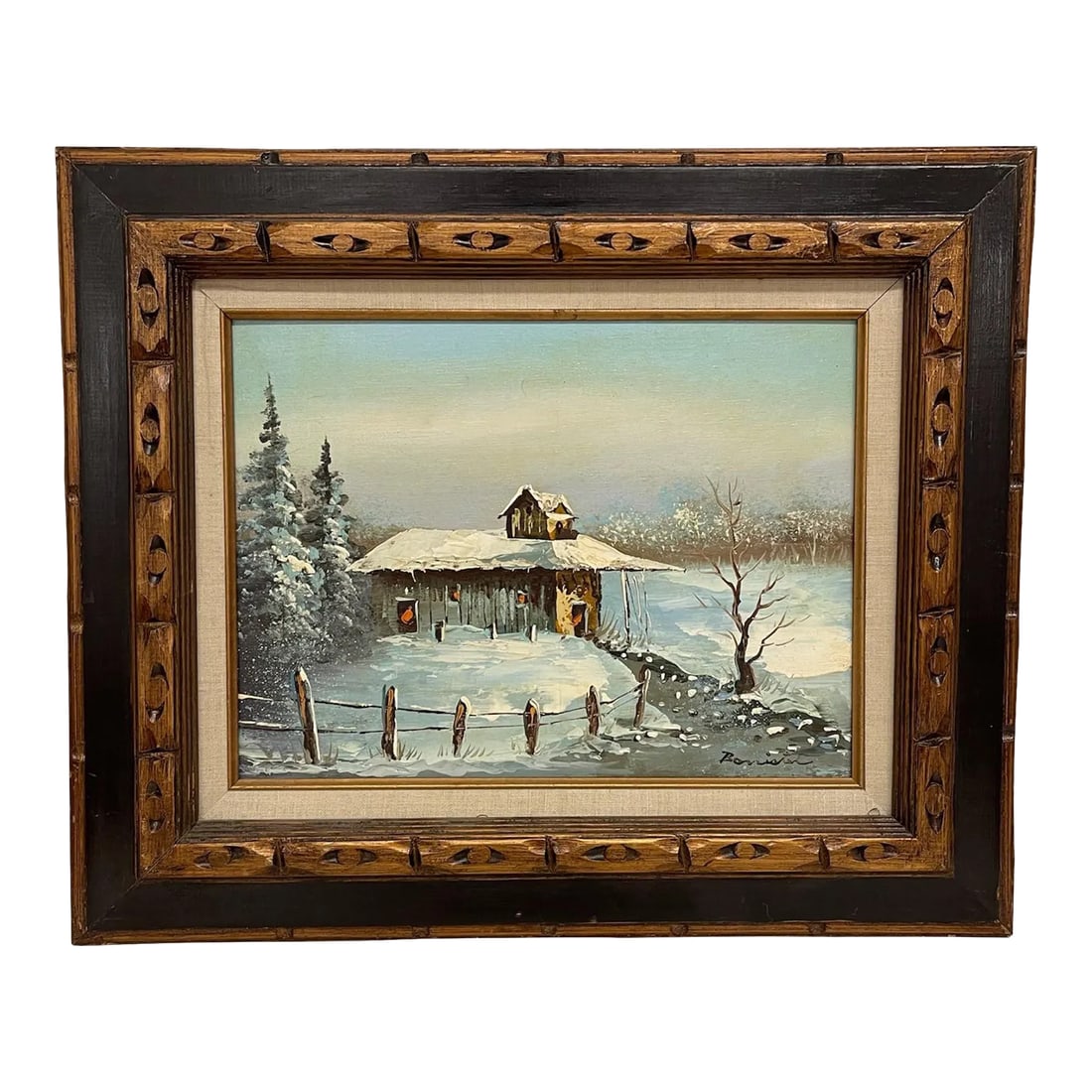 Vintage Signed Painting of Winter Landscape with Cabin, Framed: Vintage Signed Painting of Winter Cabin on Canvas. Dimensions. 23 1/2 W ; 19 1/2 H Condition: Alterations: Original Condition Unaltered Imperfections: Some Imperfections Condition Notes: In Good