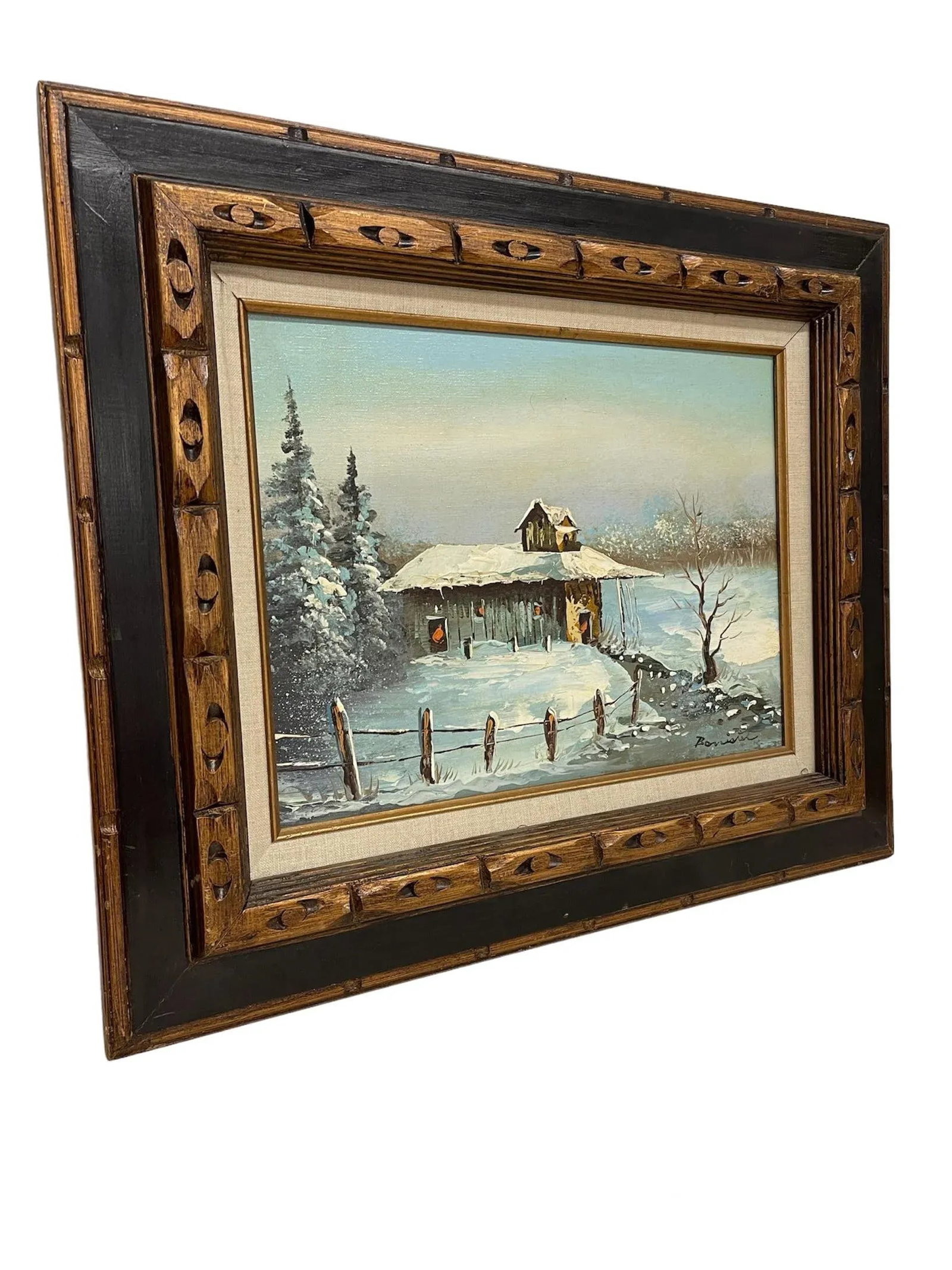 Vintage Signed Painting of Winter Landscape with Cabin, Framed - 2