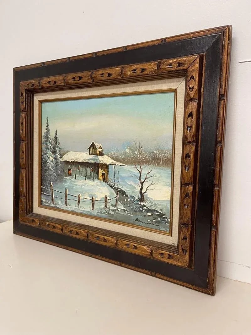 Vintage Signed Painting of Winter Landscape with Cabin, Framed - 3