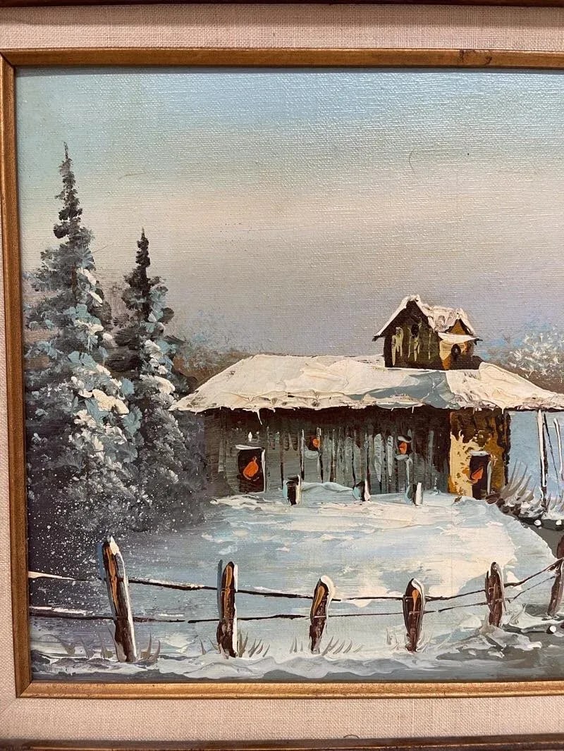 Vintage Signed Painting of Winter Landscape with Cabin, Framed - 4