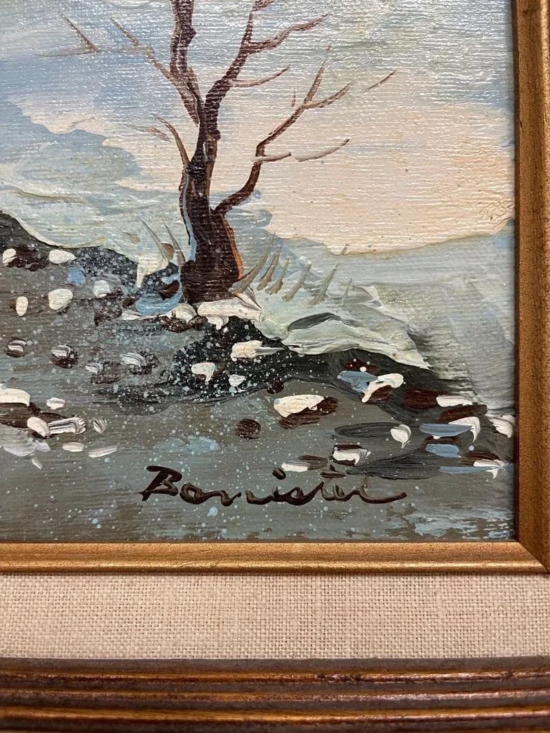 Vintage Signed Painting of Winter Landscape with Cabin, Framed - 5