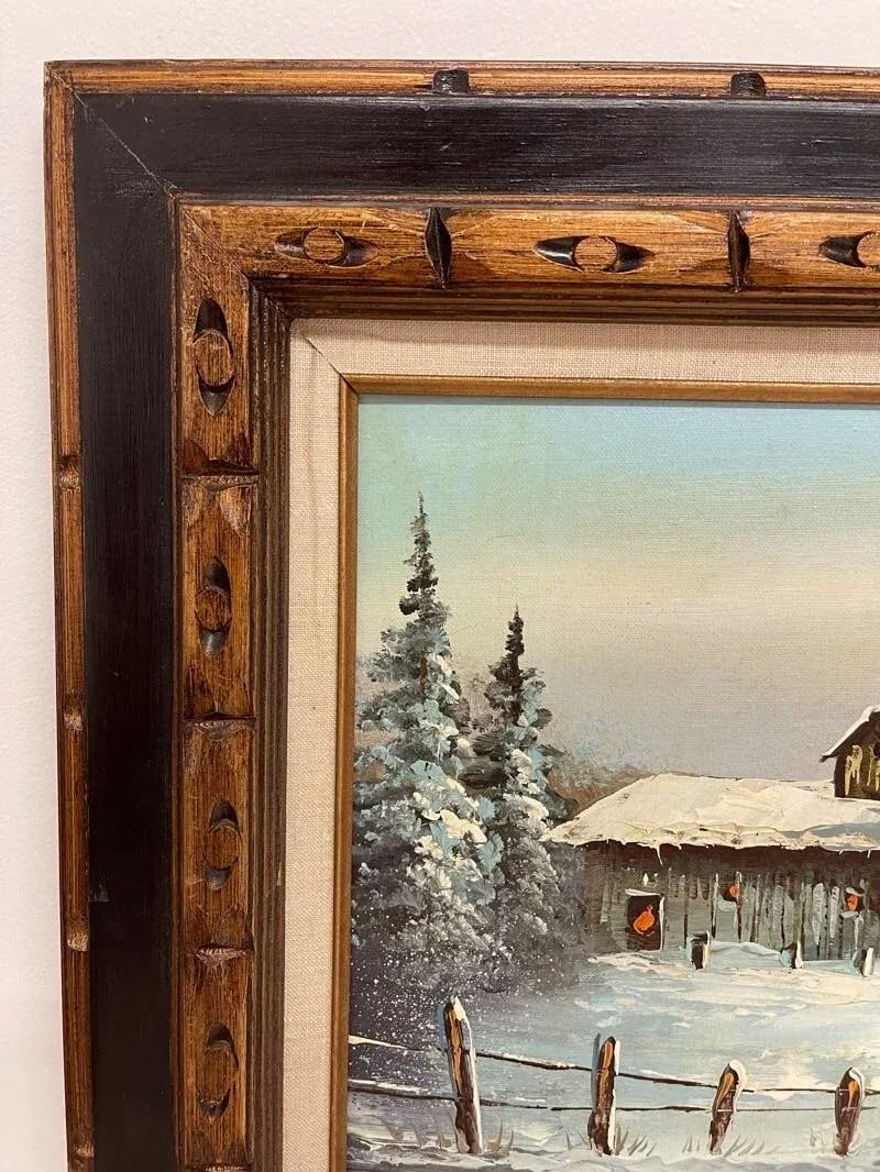 Vintage Signed Painting of Winter Landscape with Cabin, Framed - 6