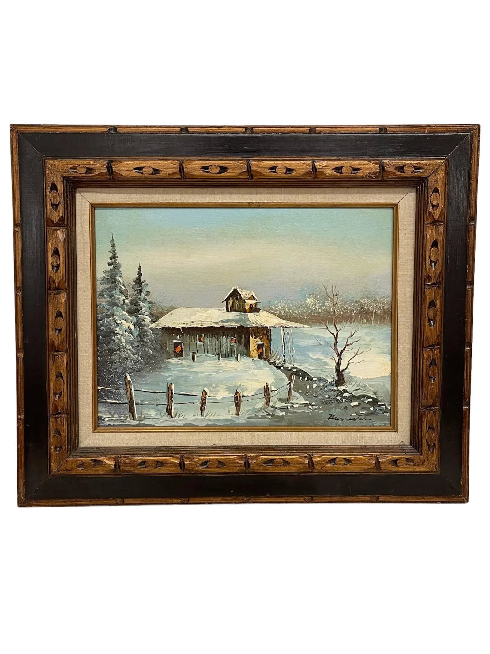 Vintage Signed Painting of Winter Landscape with Cabin, Framed - 8