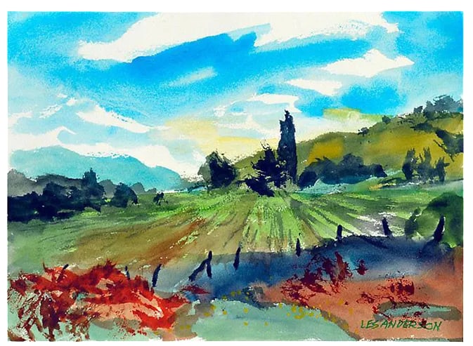 Carmel Valley Hills Painting: By Les (Leslie Luverne) Anderson (American, 1928-2009). From the estate of Les Anderson in Monterey, California. Les Anderson owned and operated the Bear Flag Gallery in San Juan Bautista, California 