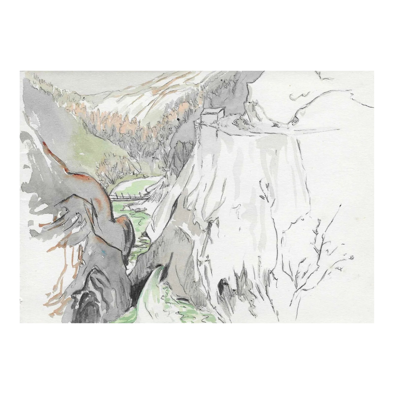 Ivy Attwell Trsat Croatia Watercolor: Painting by English artist Ivy Attwell (1895-1985). Attwell traveled extensively all over the world and recorded her travels from the 1950s until about 1980. Trsat, Yugoslavia / Coatia, circa 1950s Wa