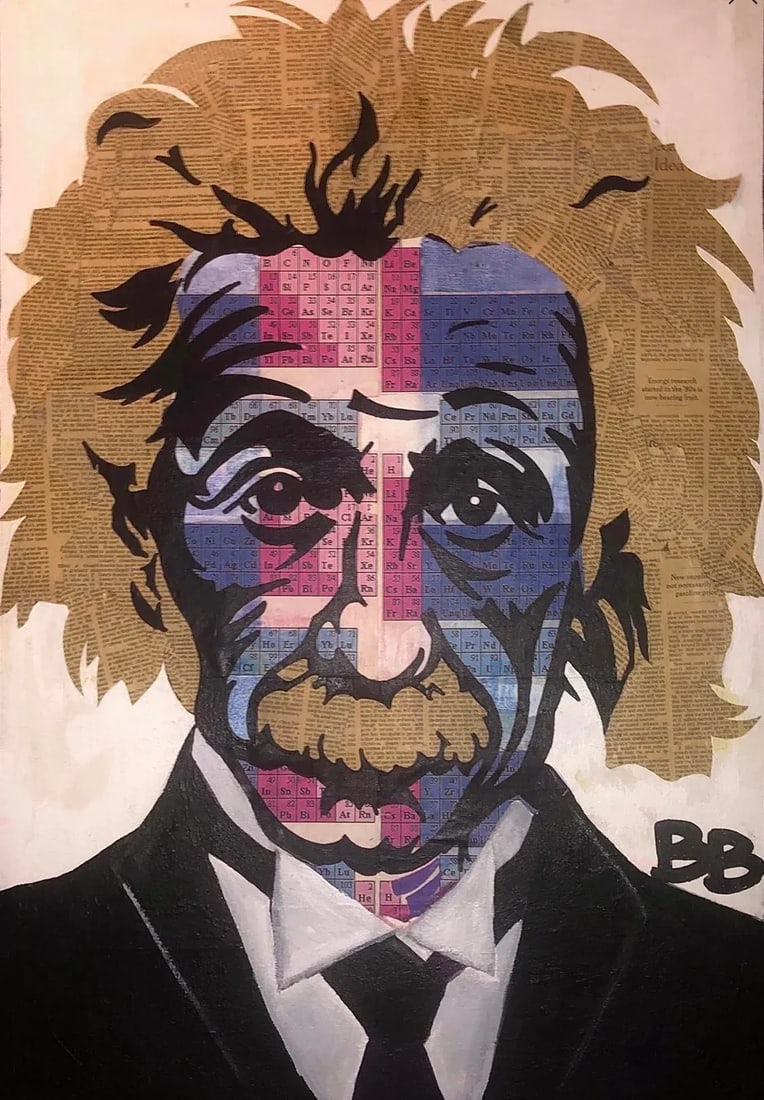 Sale! 80s Original Vintage Pop Art Albert Einstein Periodic Table Face Mixed Media Art Collage Portr - 2