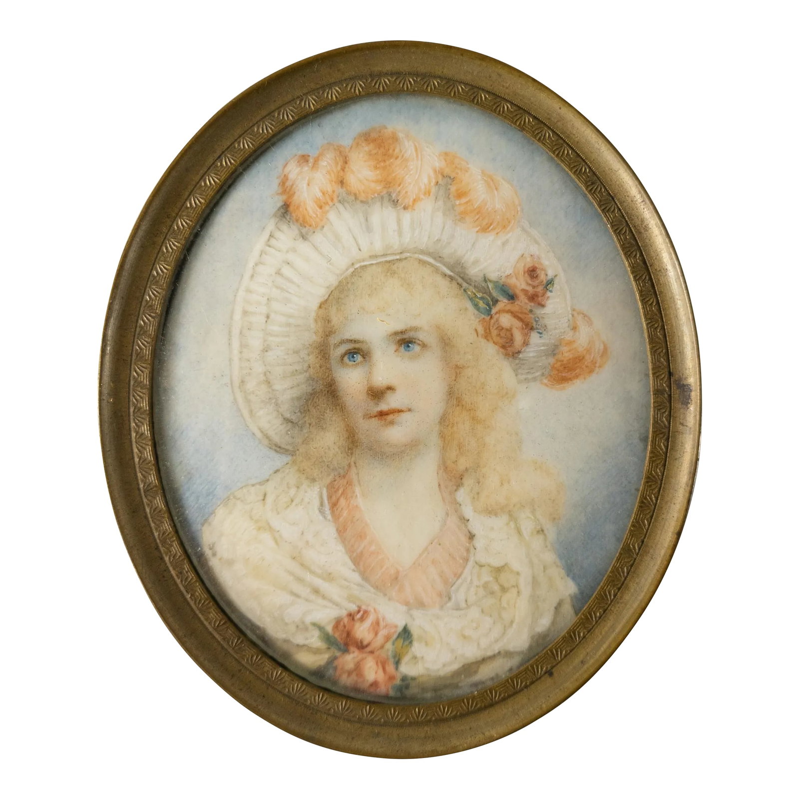 Late 19th Century Fine French Miniature Portrait of a Lady: We are selling this very nice miniature portrait. This portrait, probably French but possibly American, is of attractive young lady in very elaborate dress with feathers and flowers. The back of the