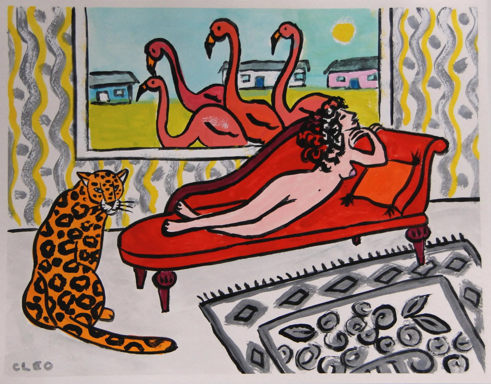 Nude, Leopard and Lawn Flamingos Pop Art Expressionism Red, Pink Original Painting by Cleo Plowden - 10