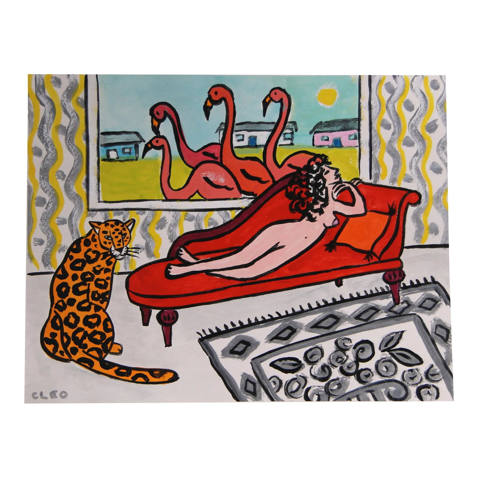 Nude, Leopard and Lawn Flamingos Pop Art Expressionism Red, Pink Original Painting by Cleo Plowden: Nude figure and Leopard in an Interior with a view of lawn flamingos in a landscape. In gray, pink, yellow, red, white and black. Coordinating paintings must be purchased separately. Contemporary