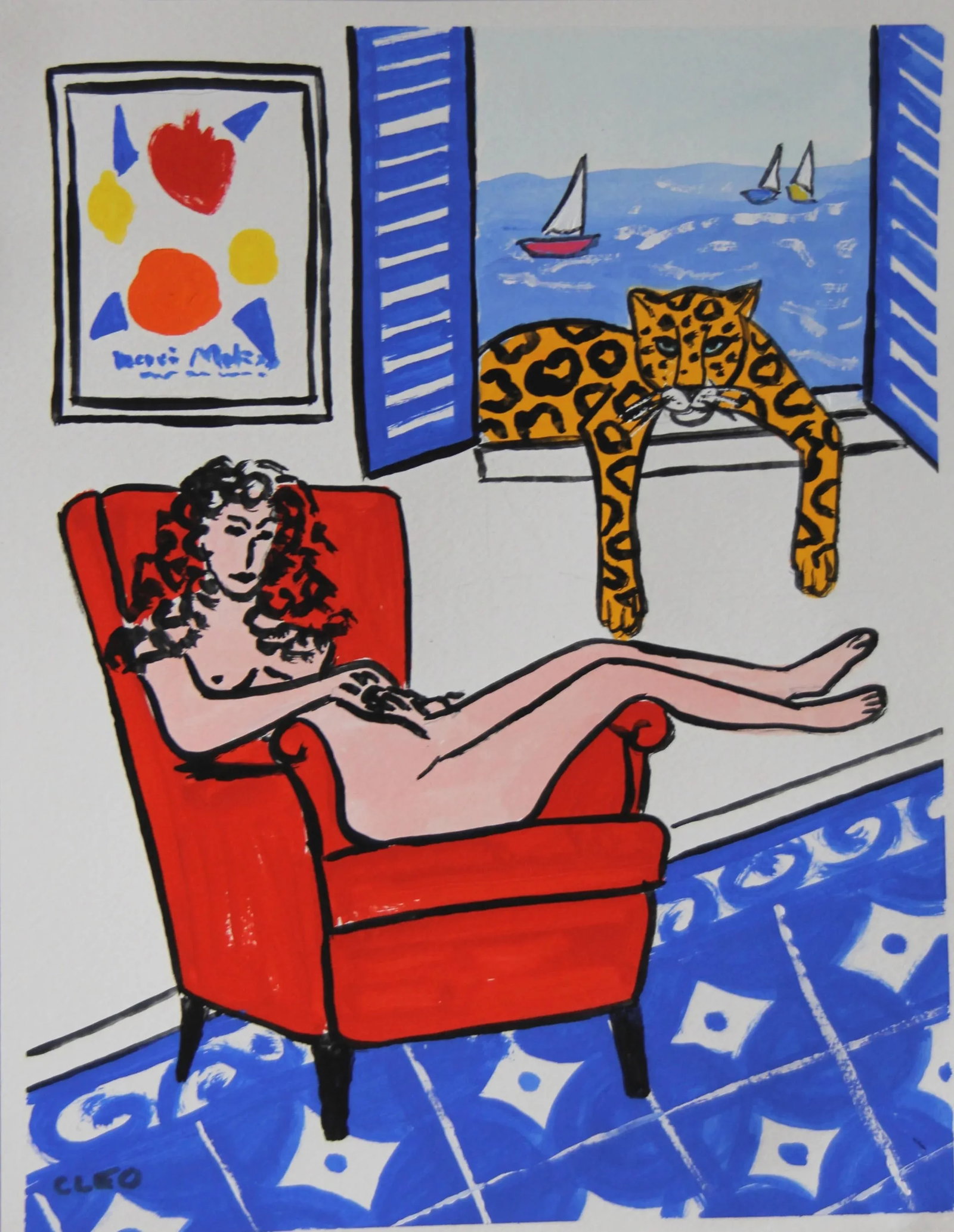 Nude, Leopard and Lawn Flamingos Pop Art Expressionism Red, Pink Original Painting by Cleo Plowden - 3