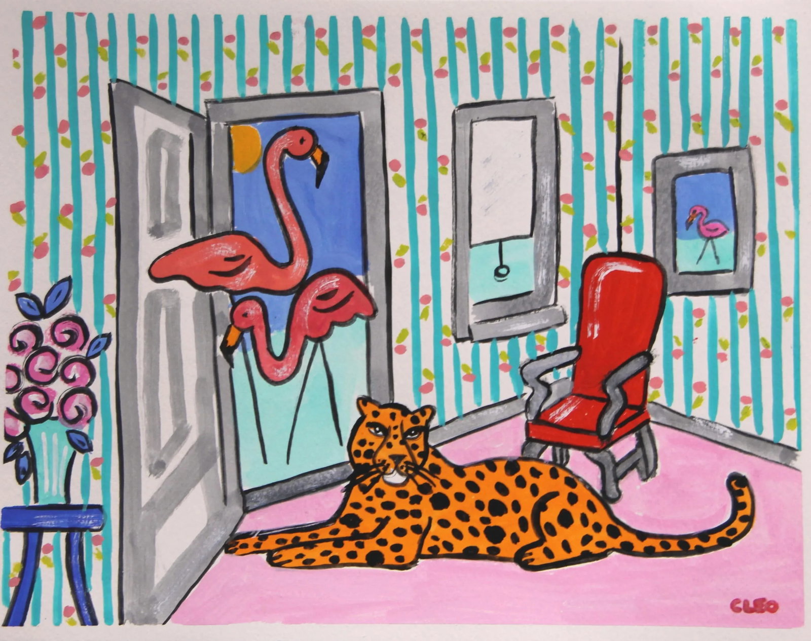 Nude, Leopard and Lawn Flamingos Pop Art Expressionism Red, Pink Original Painting by Cleo Plowden - 4