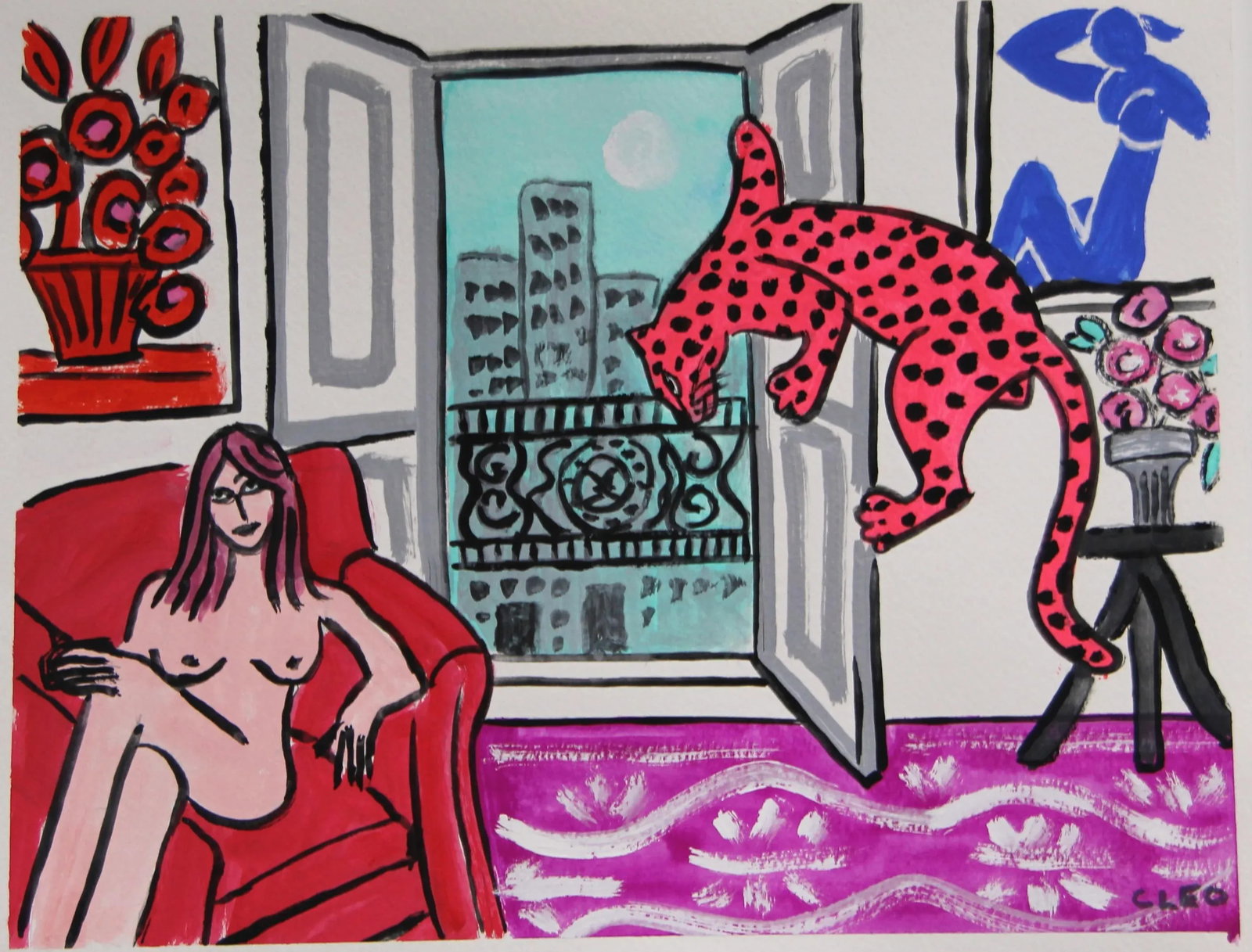 Nude, Leopard and Lawn Flamingos Pop Art Expressionism Red, Pink Original Painting by Cleo Plowden - 5