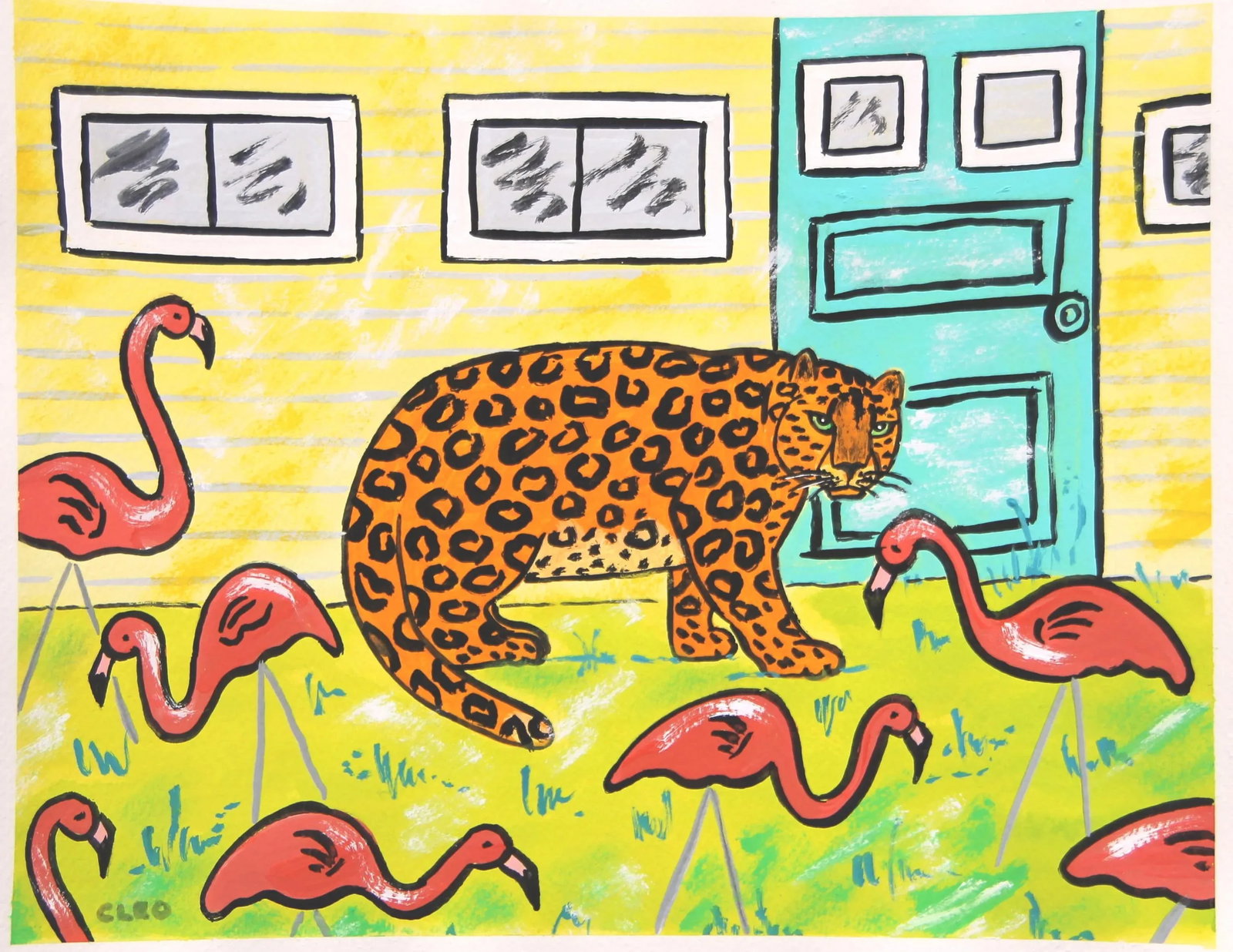 Nude, Leopard and Lawn Flamingos Pop Art Expressionism Red, Pink Original Painting by Cleo Plowden - 6