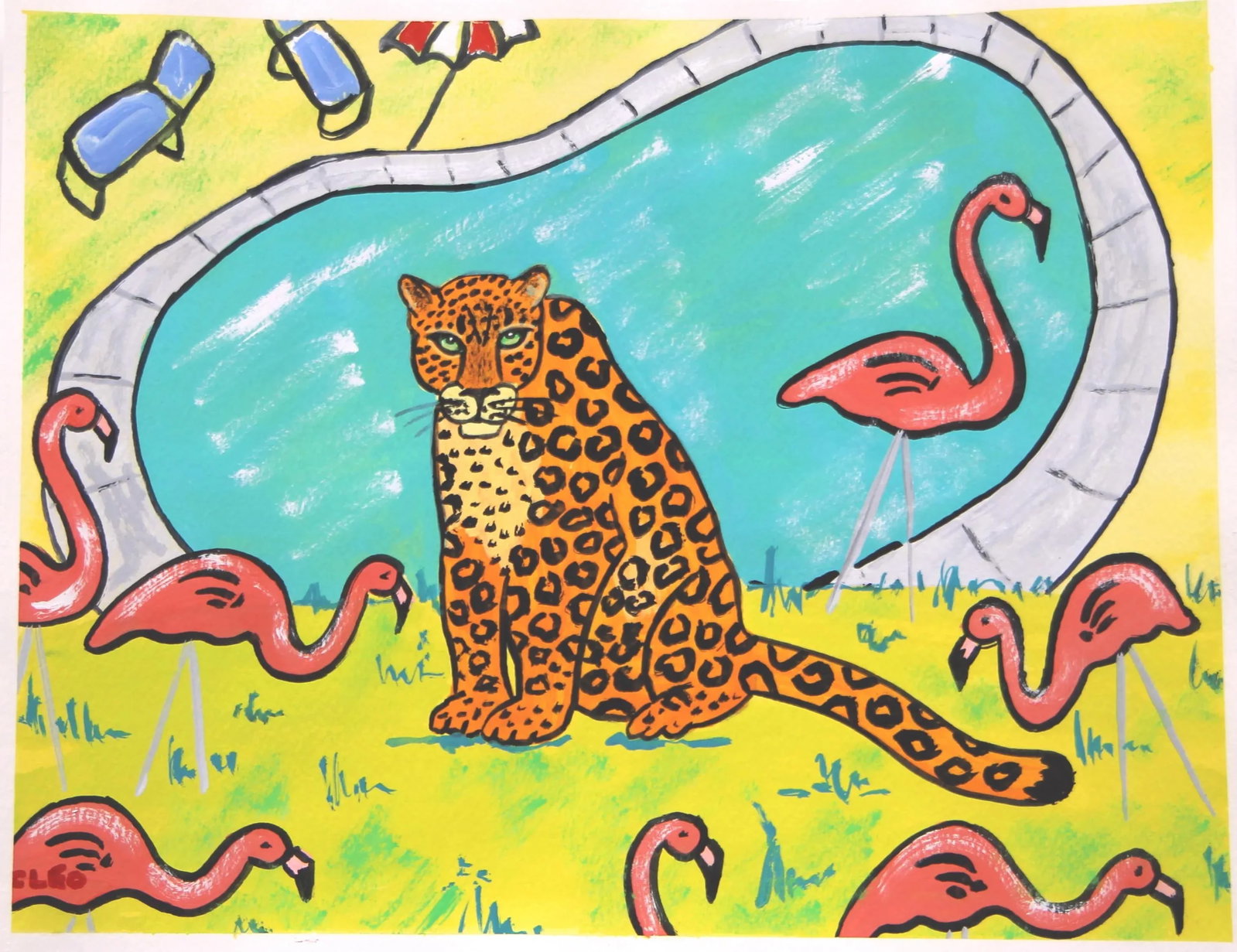 Nude, Leopard and Lawn Flamingos Pop Art Expressionism Red, Pink Original Painting by Cleo Plowden - 7