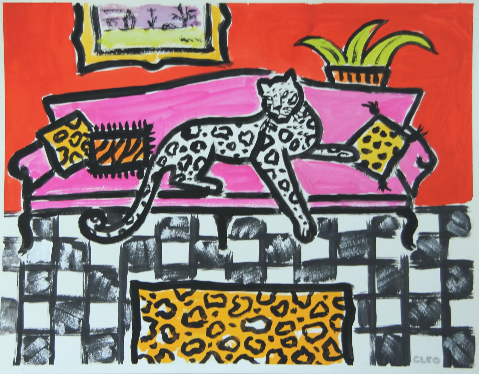 Nude, Leopard and Lawn Flamingos Pop Art Expressionism Red, Pink Original Painting by Cleo Plowden - 8