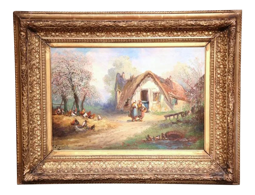 19th Century French Rural Farm Scene Oil Painting Signed A. Degerville: Bring warmth and narrative charm to a wall with this antique French pastoral painting, created circa 1860. Set in its original richly carved giltwood frame, the composition captures a tranquil