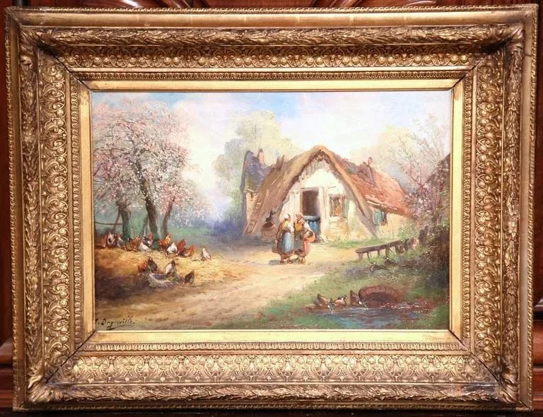 19th Century French Rural Farm Scene Oil Painting Signed A. Degerville - 2