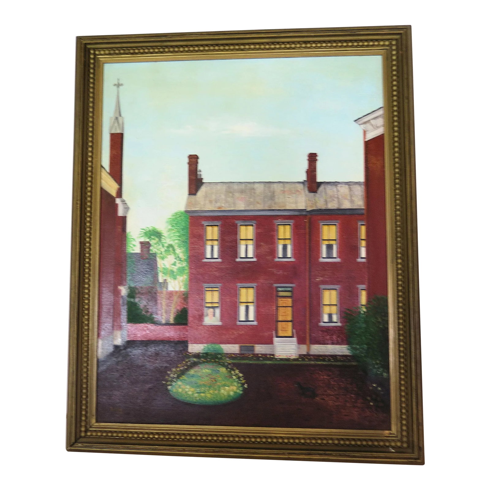 L.S.Lowry Style English Terraced House Acrylic Painting on Birch Board: I found this painting in an antique store in Pasadena California. It's a bit primitive, Much like the famous English artist L.S. Lowry, but I do love the little dog and what appears to be a Grandma