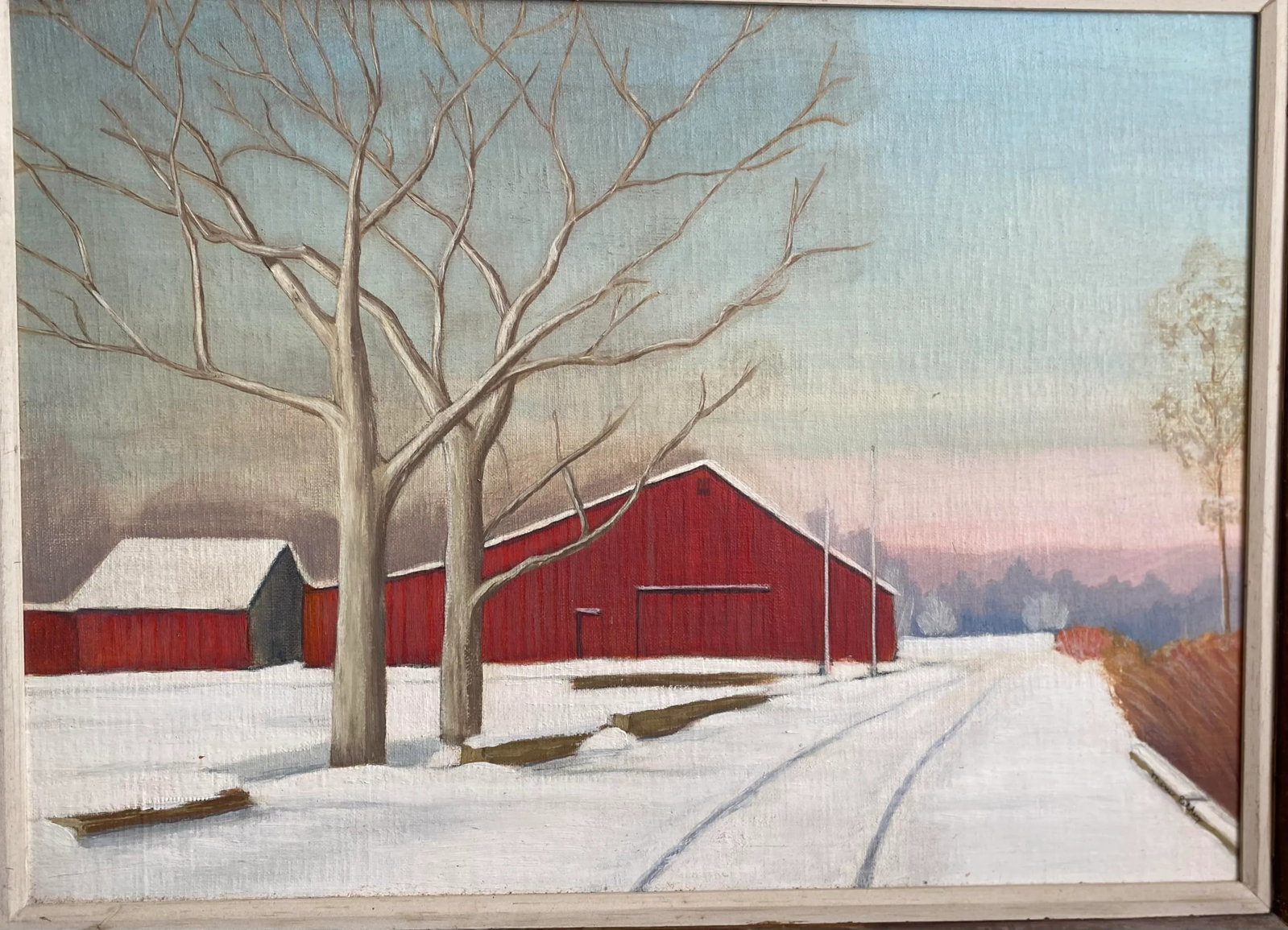 Mid 20th Century Rural Winter Landscape with Red Barn Painting, Framed - 2