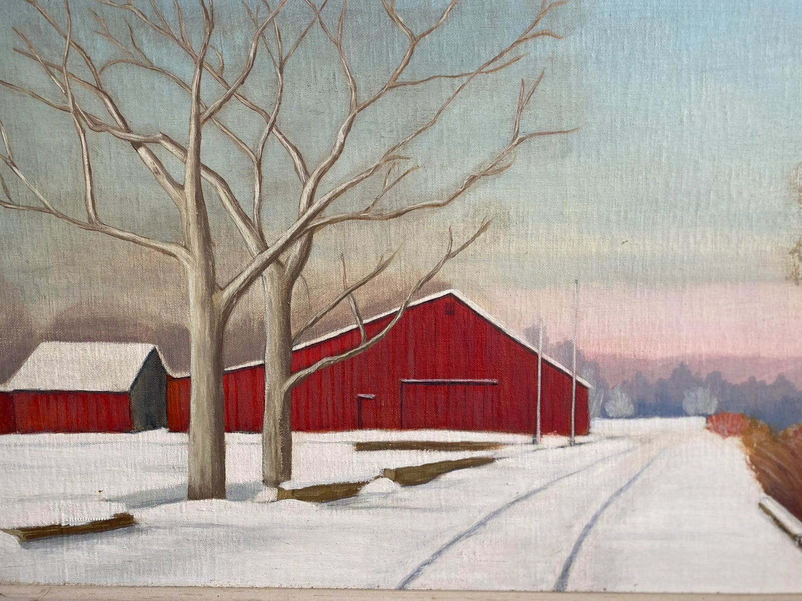 Mid 20th Century Rural Winter Landscape with Red Barn Painting, Framed - 5