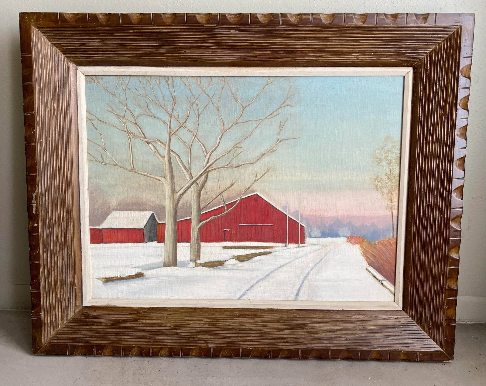 Mid 20th Century Rural Winter Landscape with Red Barn Painting, Framed - 6