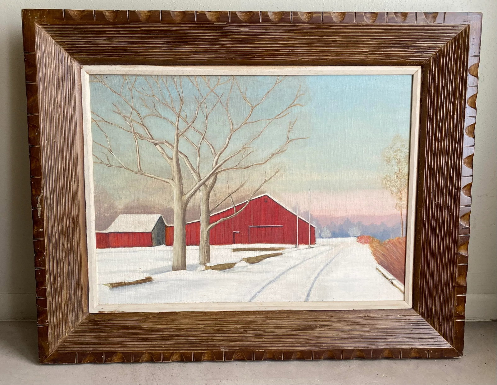 Mid 20th Century Rural Winter Landscape with Red Barn Painting, Framed - 8