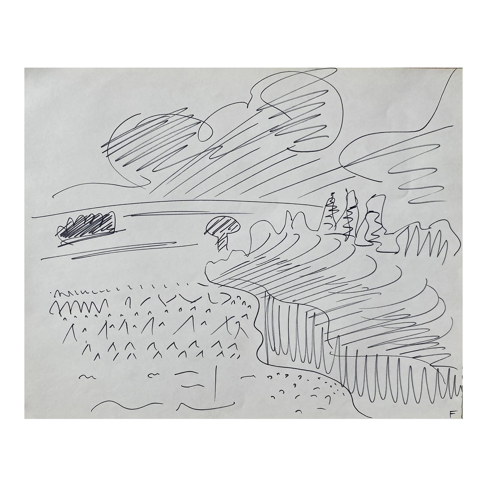 1960s Frank Wallace Modern Rocky Seascape: Marker drawing by Vermont artist Frank Wallace (1915/18-2003). Probably the Maine coast. Wallace was born in Toledo, Ohio and grew ip in Massachusetts attending Phillips Academy and Amherst College.
